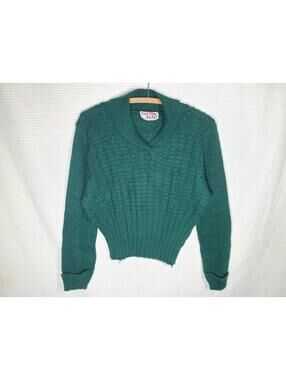Vtg 70s Sweater Deep Green Rib Knit Clifton Place Retro Disco Shawl Collar Small